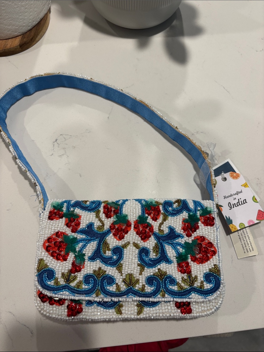 Handcrafted Beaded Floral Shoulder Bag - White with Red & Blue